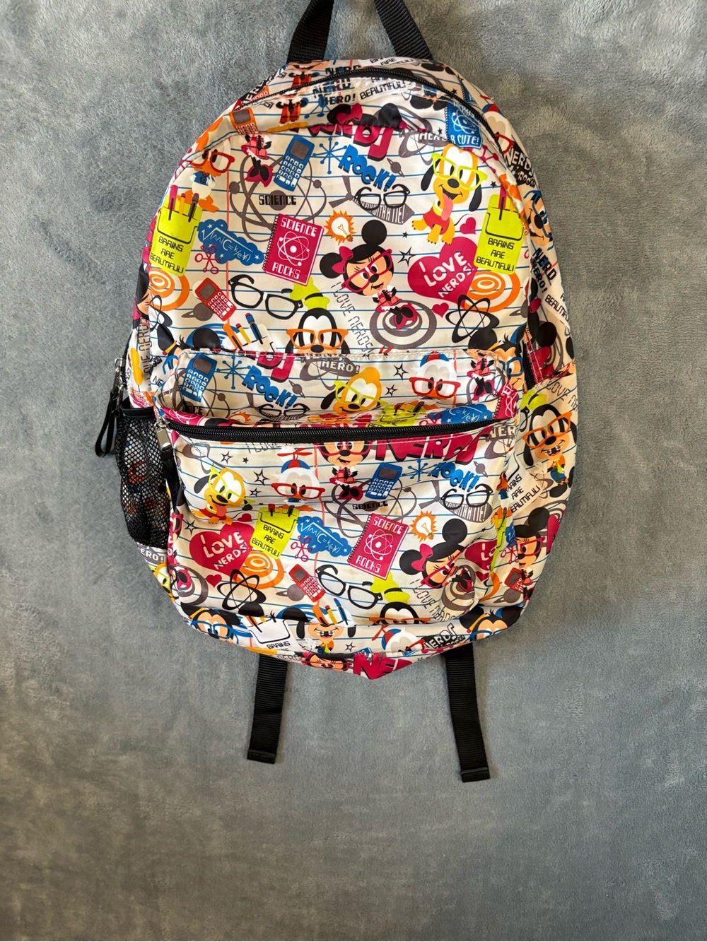Disney Kids Cartoon Print Backpack in White, Yellow, Pink, Blue